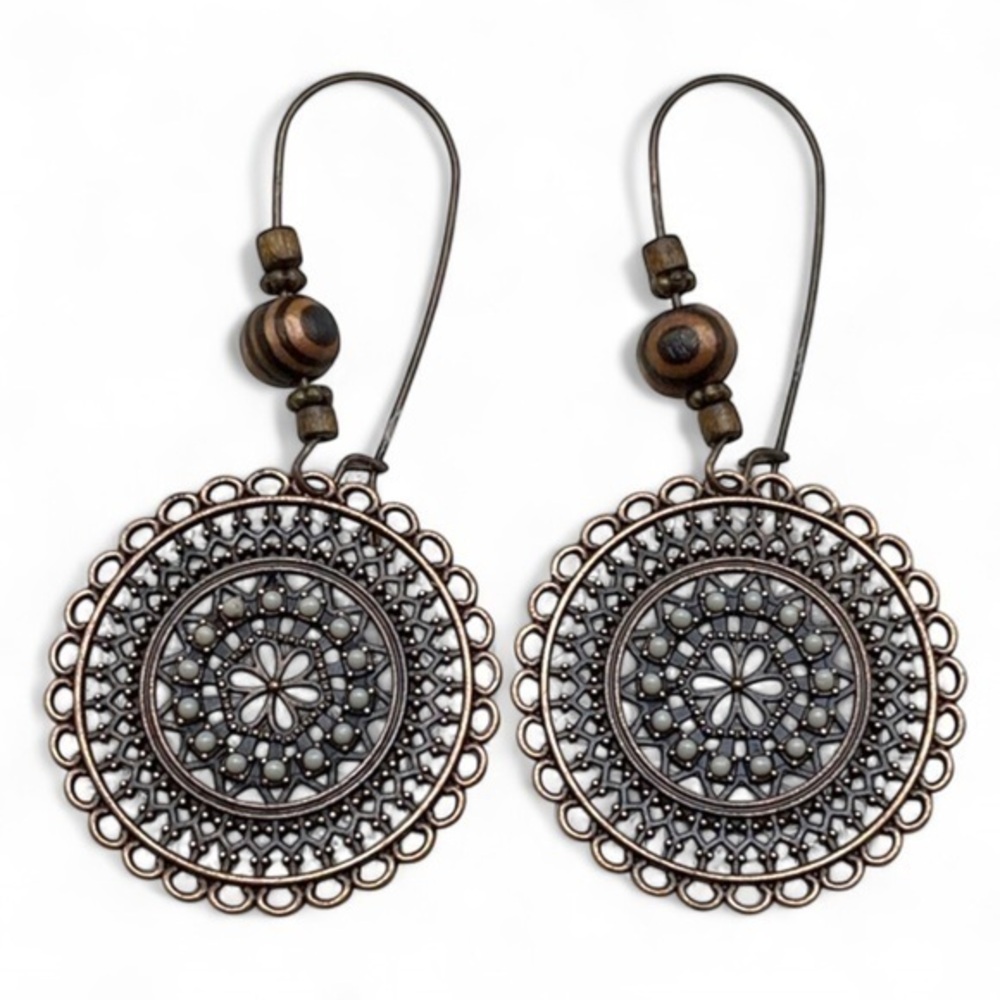 BohoDrop Earrings Round Ornate Metal Wood Bead Hanging Earrings